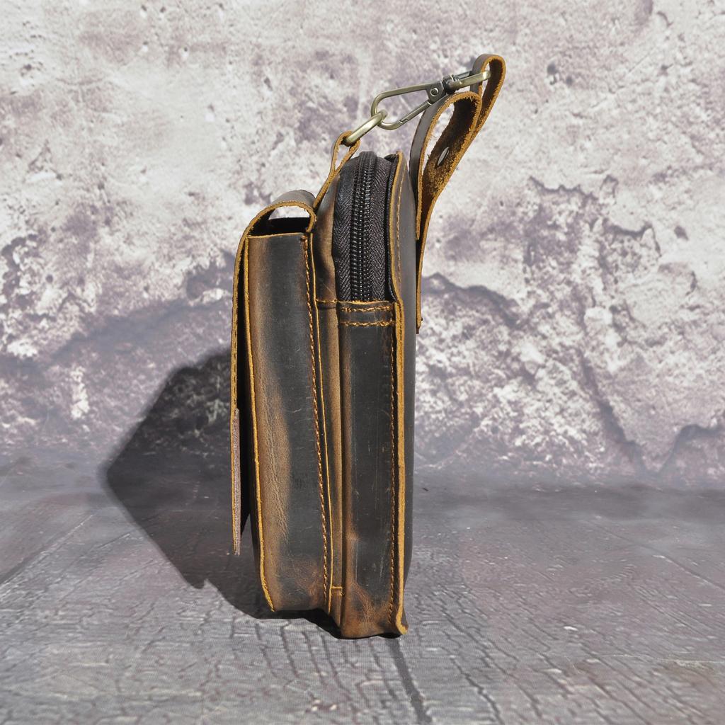 Men Top Layer Crazy Horse Leather Small Waist Bag With Hook 6 Inch Outdoor Phone Storage Pouch belt bag