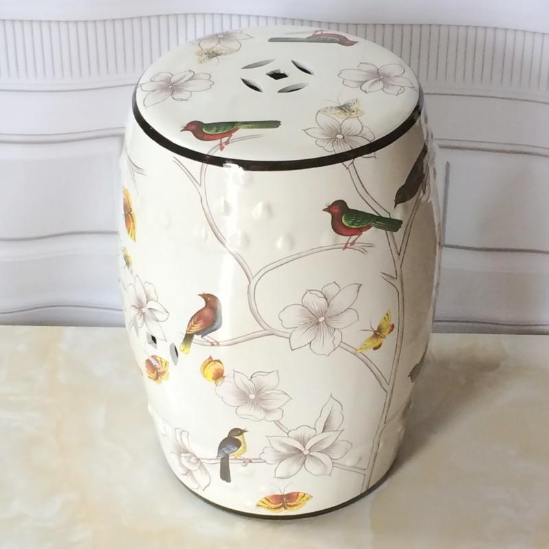 Ceramic Side Table Durable Drum Stool Hand painted Floral and Bird Coffee Table Classic Vanity Seat Suitable for Dining Room