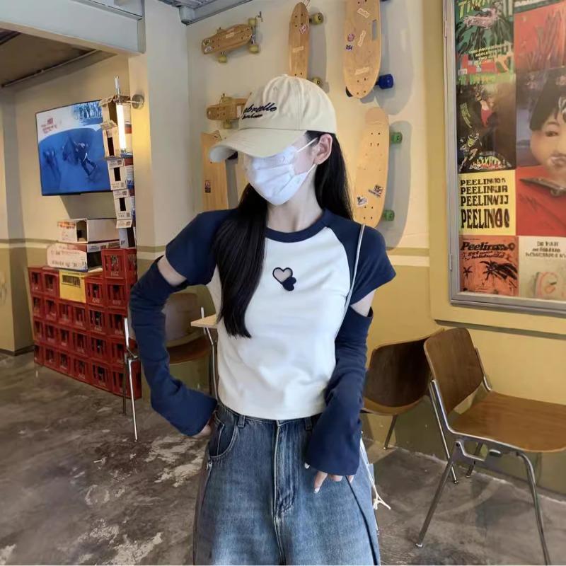 Unique sense of design, love, hollow top, spring contrasting color, broken-sleeved long-sleeved shirt, Spice Girl versatile bottoming shirt