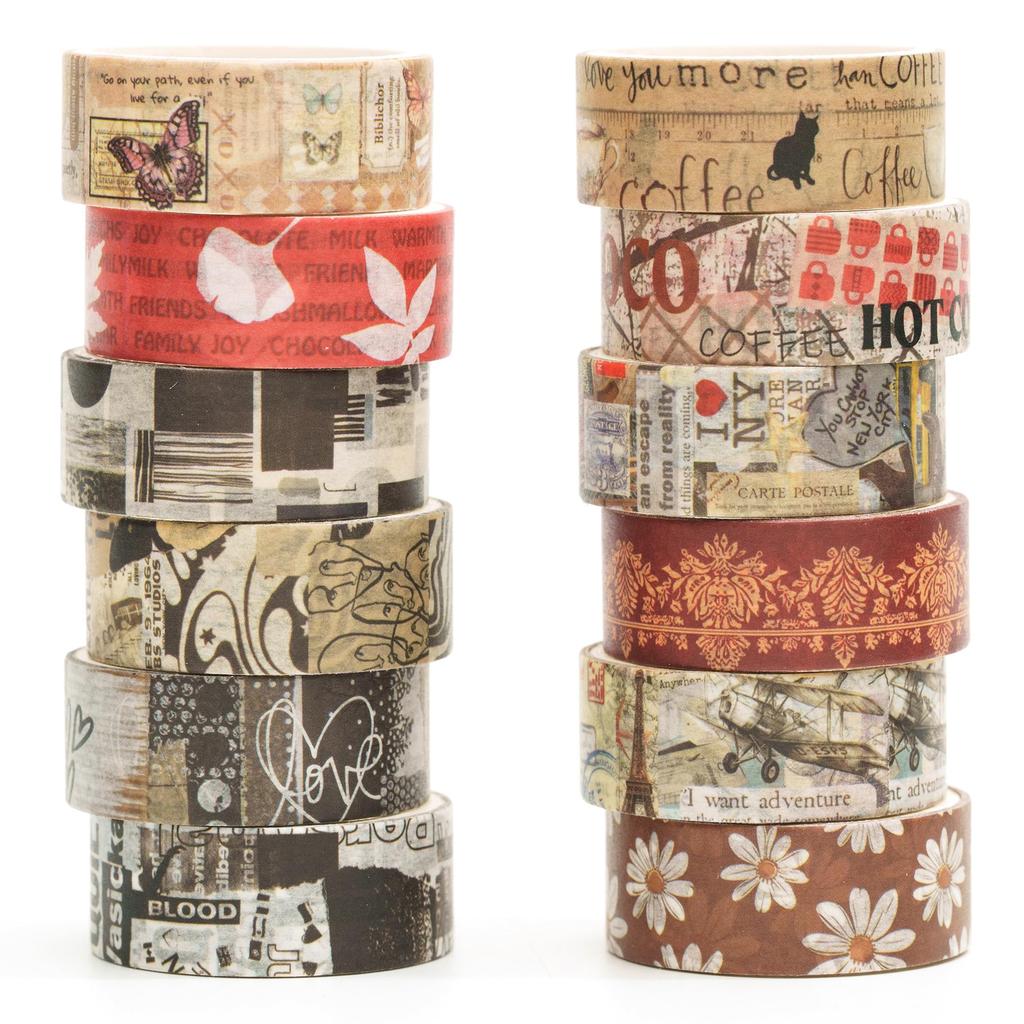 YUBBAEX Masking Washi Tape with Artistic Botanical Retro Style for and Scrapbooks Tape, 12-Roll Set, Patterns, Planners, Decorations, Wrapping,