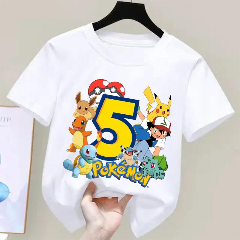 Pokemons Pikachu Kids T Shirts Birthday Number 19 Printed T Shirt Boys Girls Summer Casual Short Sleeves Tops Children Clothing