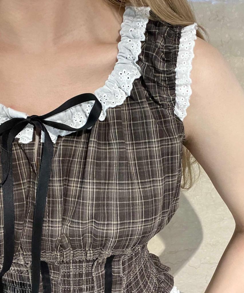 WEGO PHILLY Ruffle Sleeveless Check Brown Blouse, Women's,