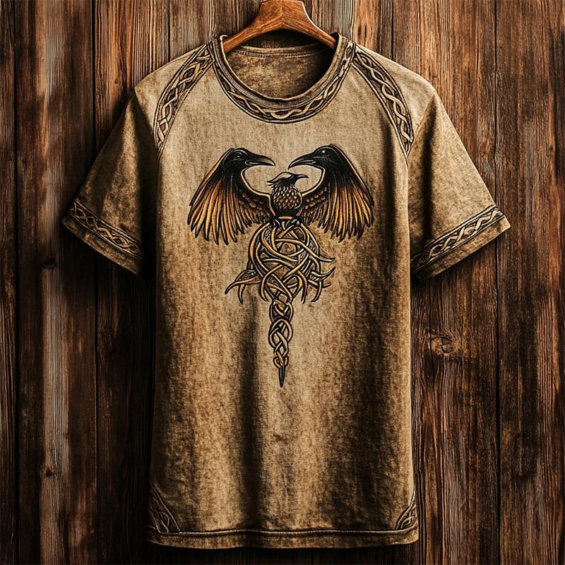Pánské Vintage Severský Havraní Totemový Potisk Ležérní Tričko s Krátkým Rukávem Nadměrná Velikost Kulatý Výstřih Tričko s Krátkým Rukávem Letní Dámské Tričko Top