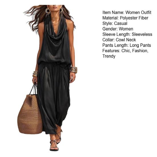 Damen Sommer Zweiteilige Sets Trägerloses Oberteil mit Wasserfallausschnitt und Crop Pants Passende Sets