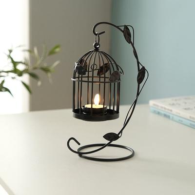 Iron Craft Birdcage Candle Lamp Hollow Black Leaf Candle Holder Suspension Design White Iron Candlestick Ornaments Desktop Decor