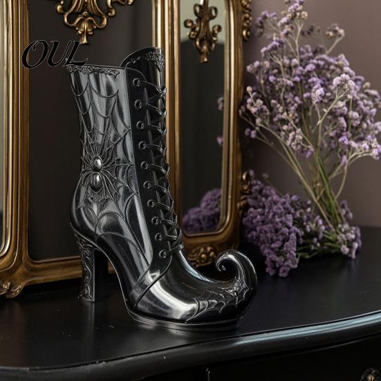 Mysterious Desktop Accent Gothic Witch Boot Vase, Halloween Table Centerpiece Black Spider Web Autumn Seasonal Display High Heel, Flower Holder
