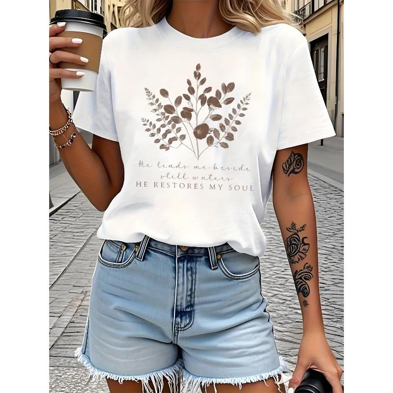 Women Floral Creative Print T-Shirt 100% Pure Soft Crew Neck Short Sleeve Regular Fit Casual Elegant Festival Essential Top