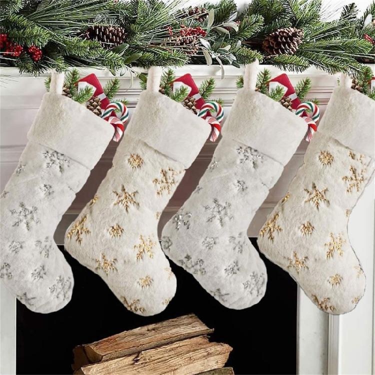 Winter White Christmas Stocking Hanging Bag Decoration Soft Textured Design Gift Storage Holiday Essential