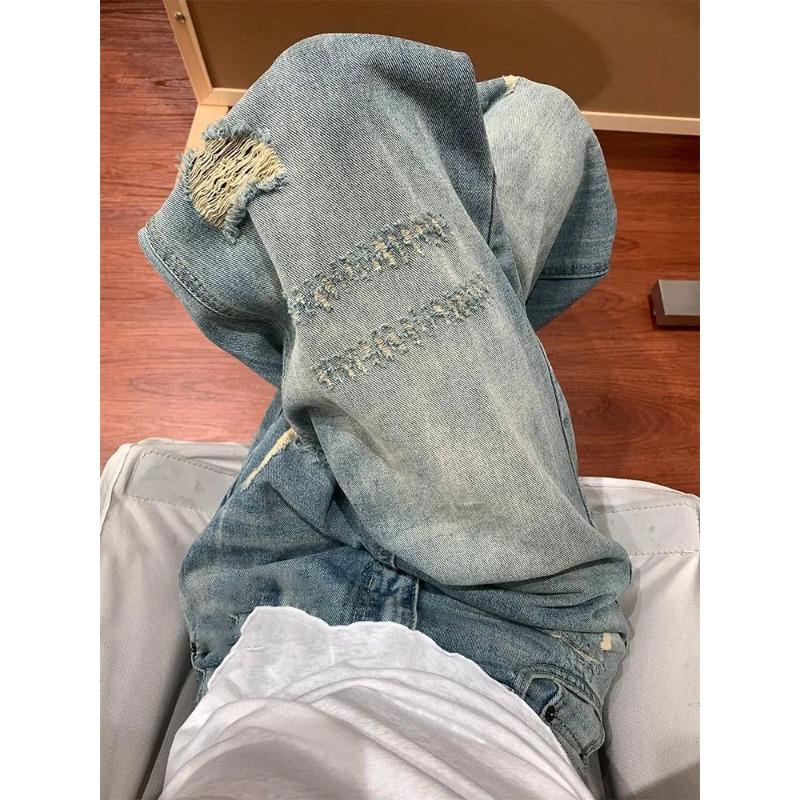 Womens Ripped Distressed Wide Leg Jeans High Waisted Loose Denim Trousers S