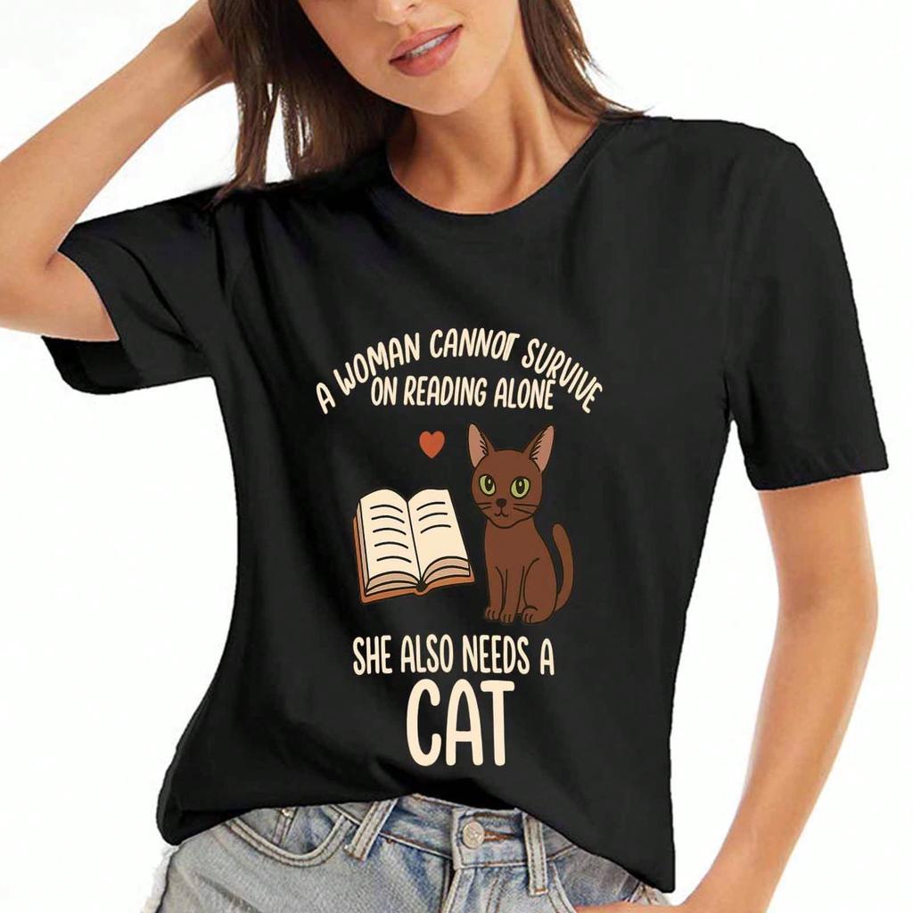 Lesende Dame Baumwoll-T-Shirt, Premium-Baumwoll-Druck, Langlebige und lässige Mode, Ich werde überall Bücher lesen, Mit einer Grafik von Boot, Ziege und Fuchs