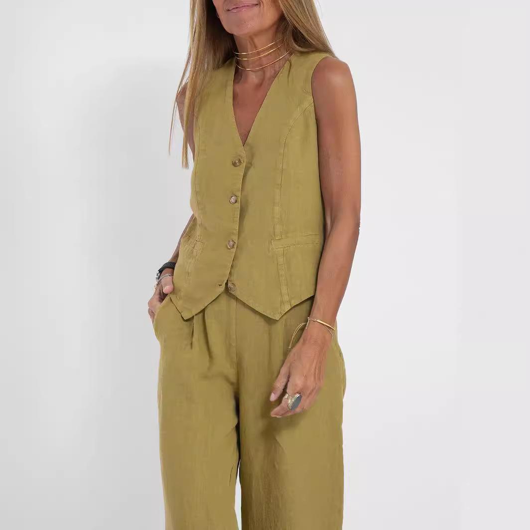 

Женский костюм, женский хлопковый льняной костюм с широкими штанинами, жилет без рукавов, длинные брюки S абрикосовый