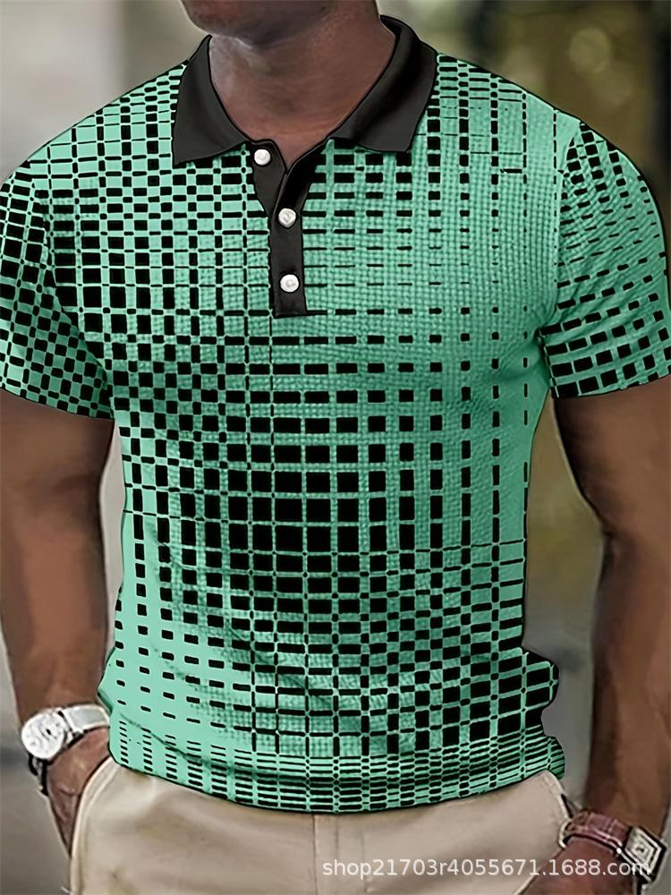 Casual Geometric Block Print Short Sleeve Zip Collar Polo Shirt for Men