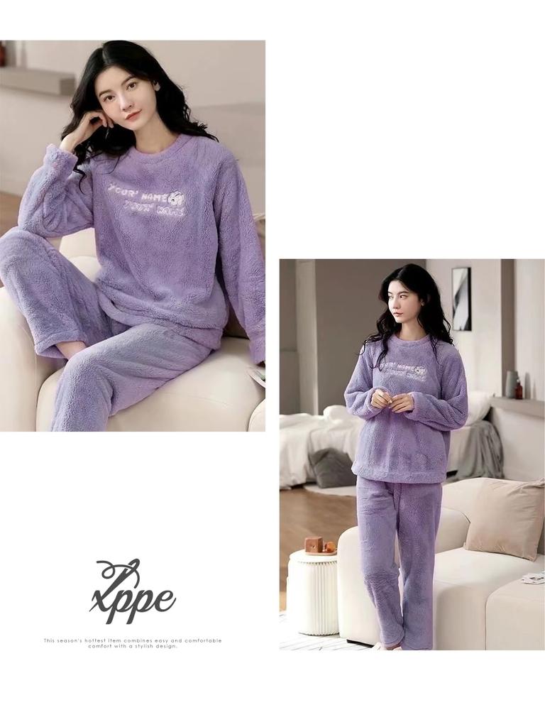 Pajama Embroidered Elastic Flannel Top and Warm and Long Logo Elastic Open Long Elastic Loose Casual Fashion for and Winter [xppe] Women's Set, Pants,
