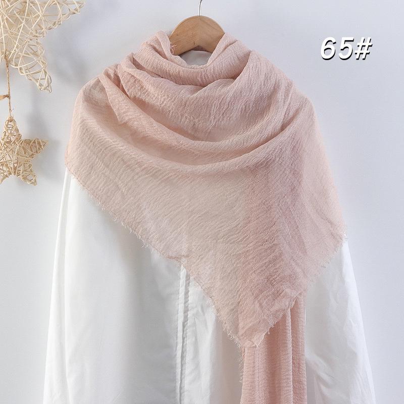 Crinkled Cotton-Linen Blend Scarf with Fringe - Solid Color, 90x180cm, Women's Headscarf