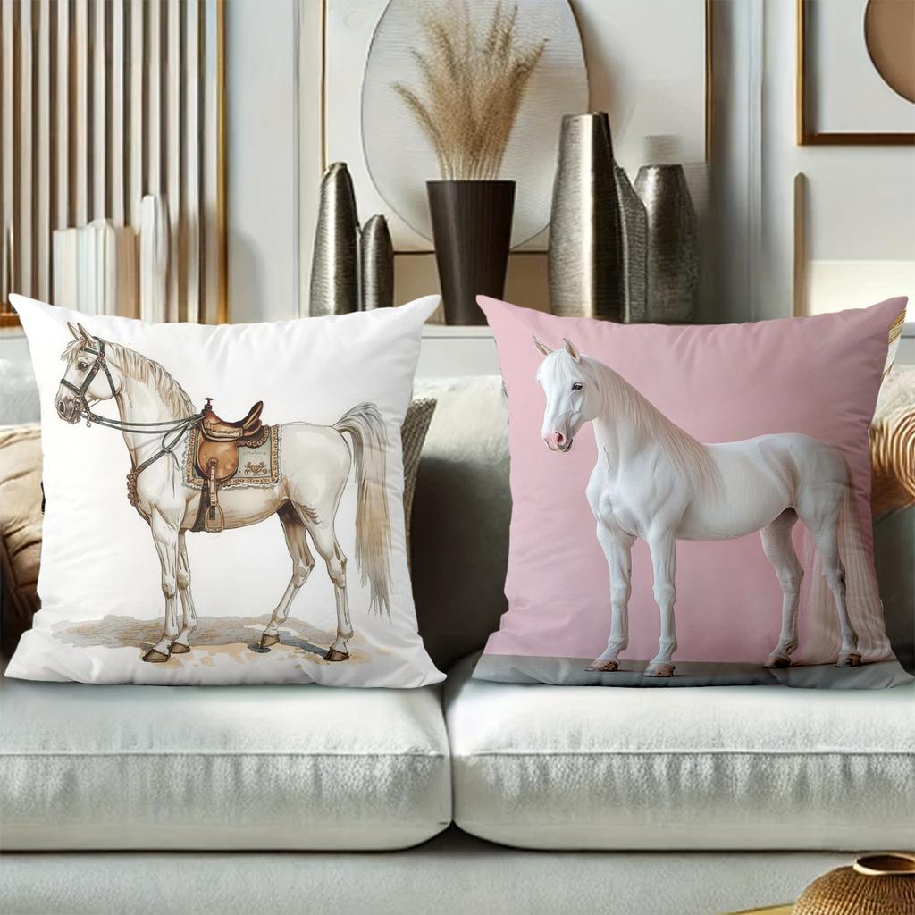 White Horse Printed Decorative Cushion Covers for Home Polyester Pillowcase, Sofa Decorative Cushion Cov Headboard Pillow