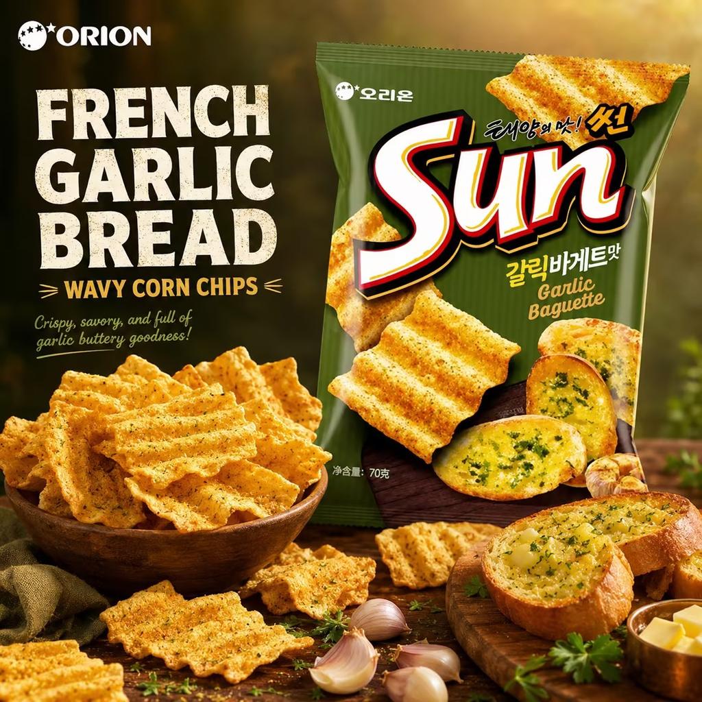 Orion Wavy Corn Chips French Garlic Bread Flavor 70g french‑garlic‑flavor crispy corn snacks