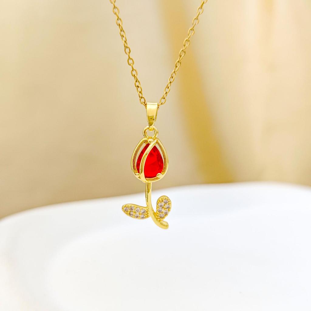 Copper Zirconia Tulip Pendant Necklace - Light Luxury Women's Clavicle Chain