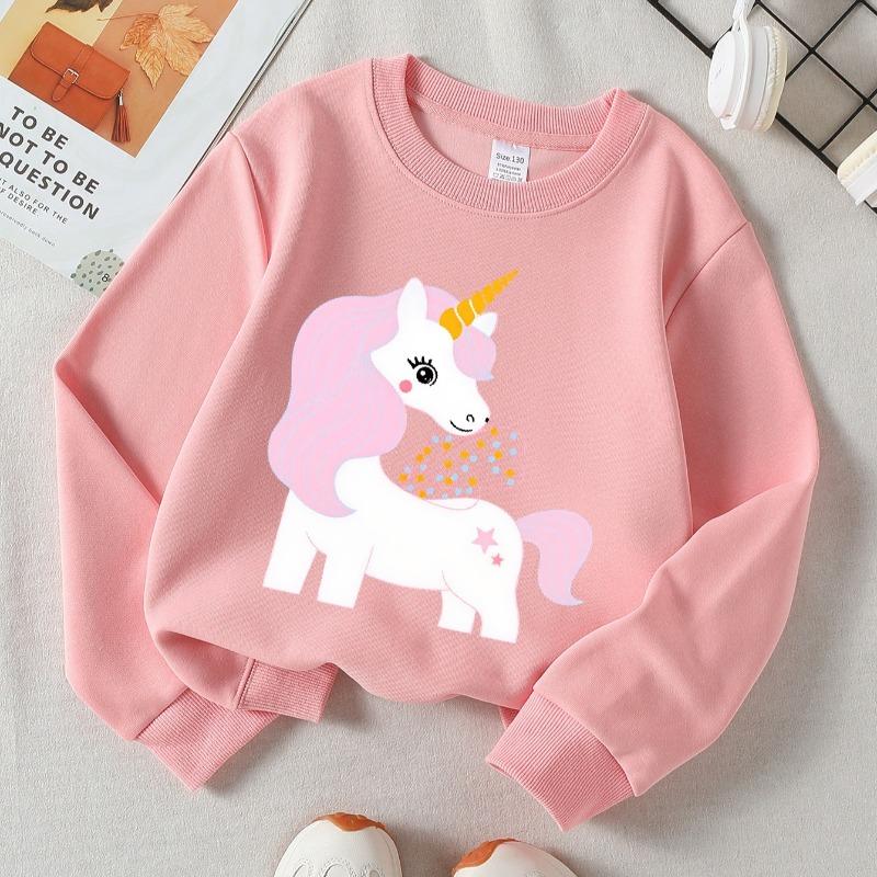 Kids Fall Winter Crew Neck Sweatshirt, Pink Hair Winged Unicorn Print