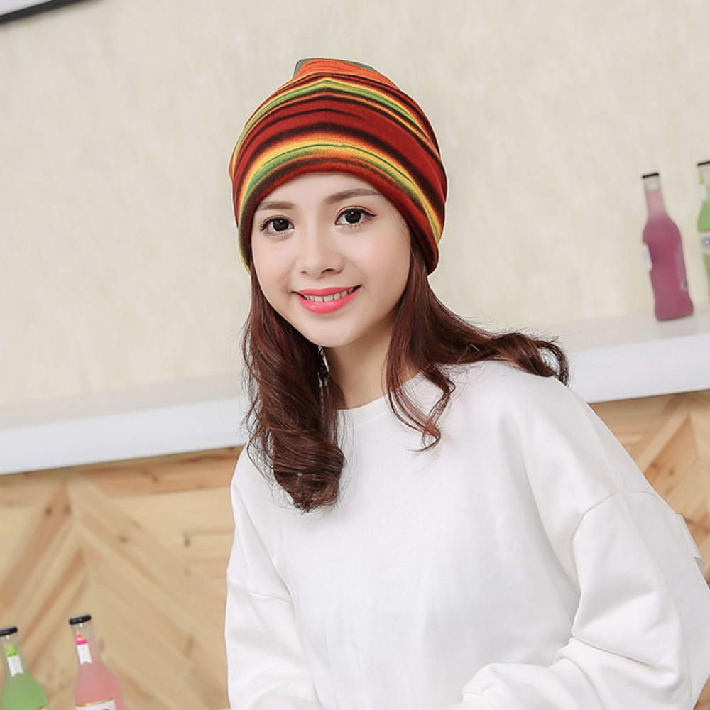 Women Stripe Hat Ruffle  Hat  Scarf  Collar Turban Head Wrap Cap