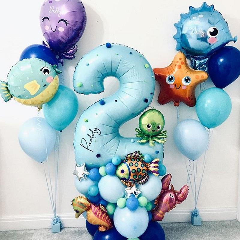 44pcs Under Sea Ocean World Animal Balloon Blue Number Foil Balloon Mermaid Theme Kids 1st Birthday Party Decoration Baby Shower