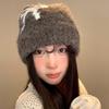 Bow plush knitted hat women's Japanese versatile face small wool hat big head circumference warm bag head hat