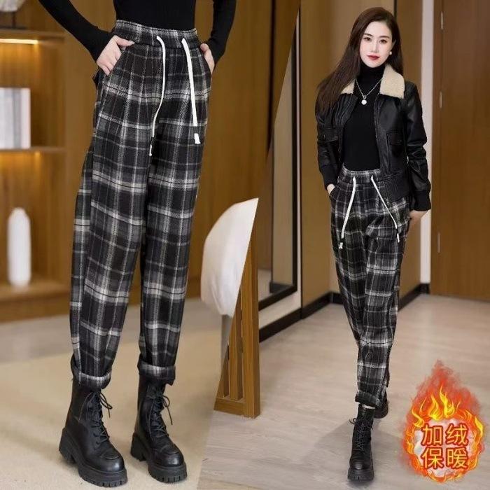 Autumn/Winter Women s High Waist Haren Pants with Plush Thickened Checkered Casual Pants 4XL