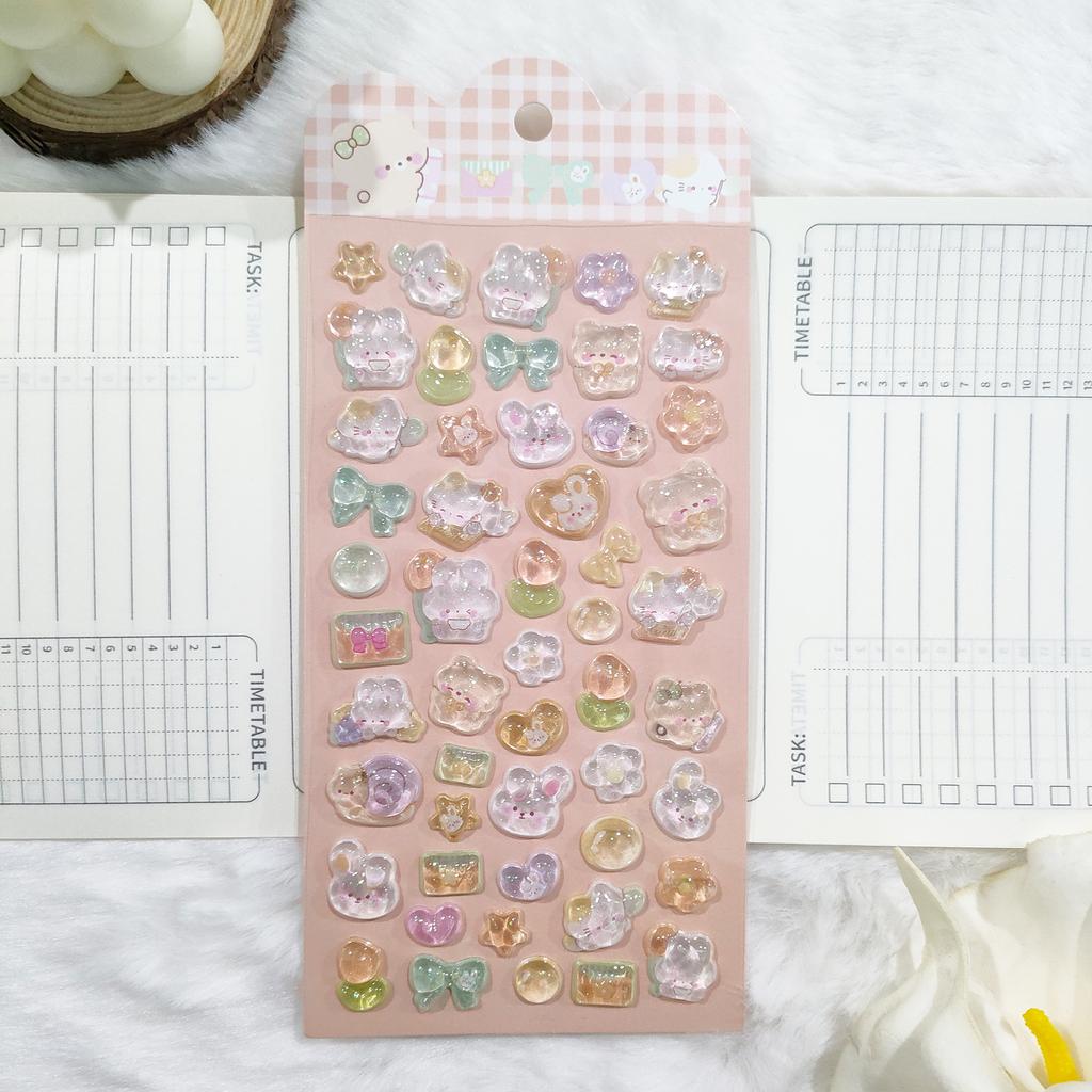 6PCS 3D Crystal Animal Relief Stickers - Sweet Candy Aesthetic Decals Waterproof for Diary Album Phone Case Keyboard Girls Gifts