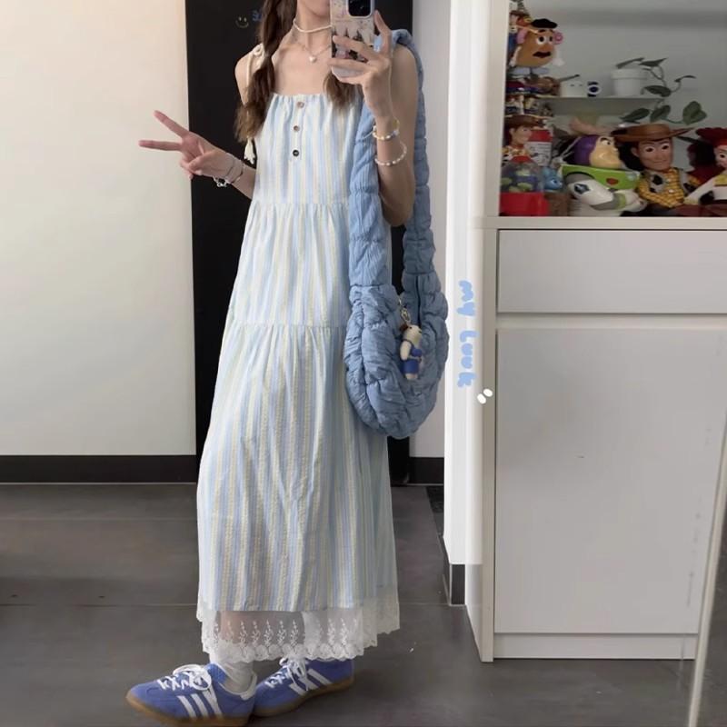 French first love blue suspender dress women's summer new Japanese literary and artistic lazy style long dress slack