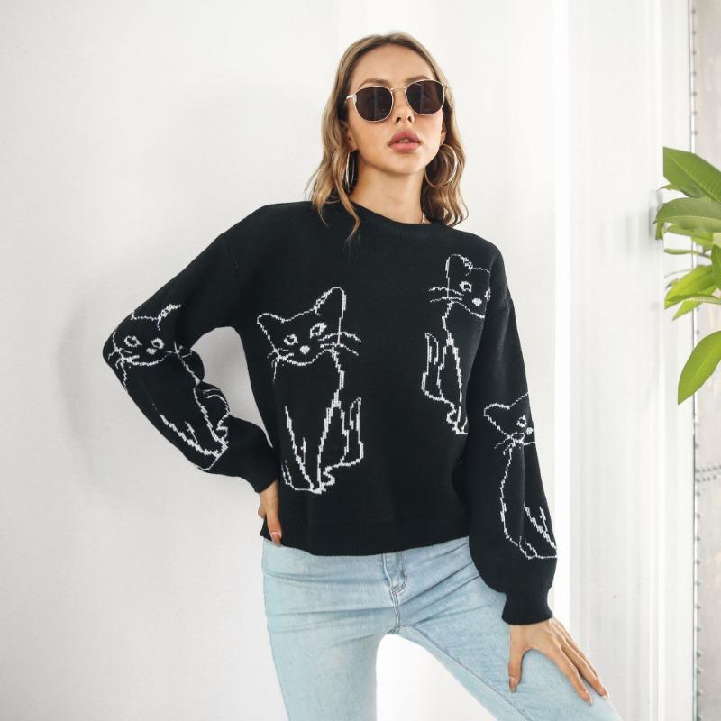 Women Loose Long Sleeve Cat Jacquard Knit Sweater