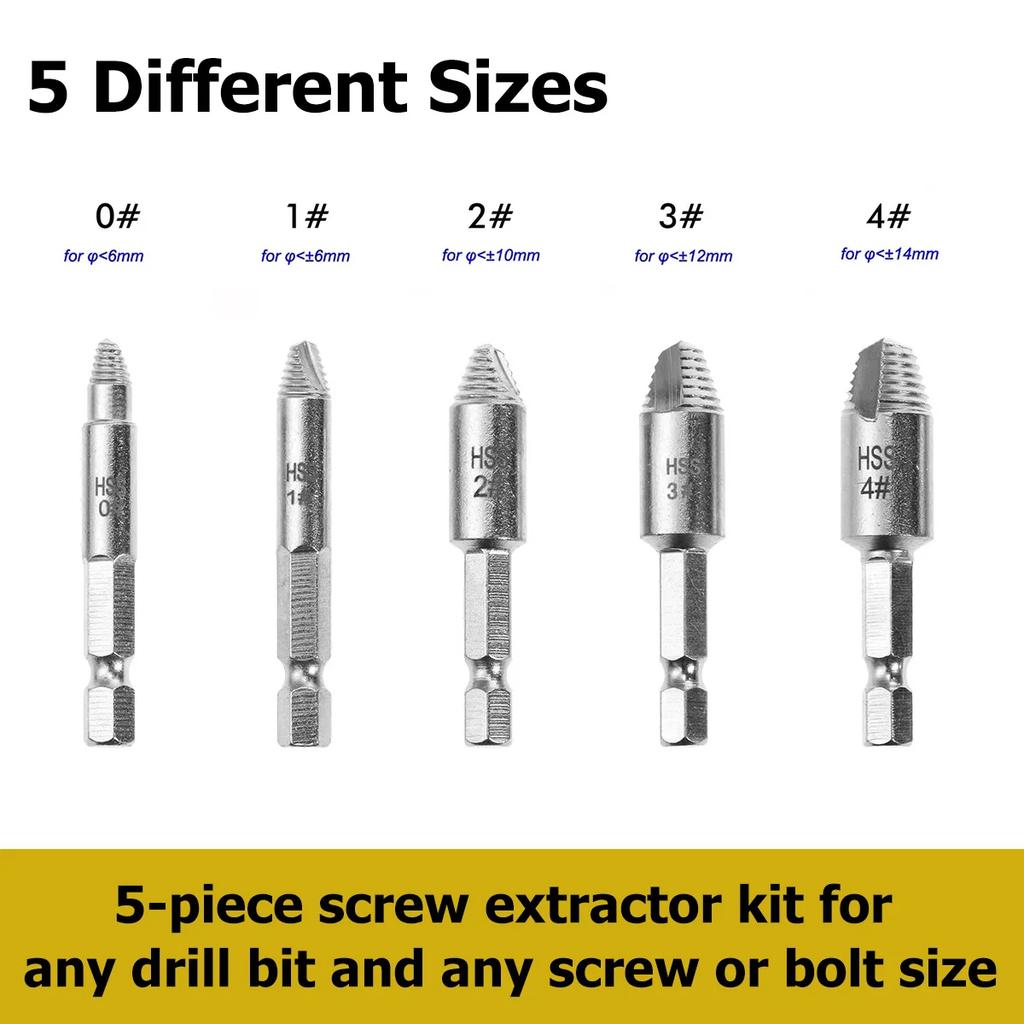 5Pc Damaged Screw Extractor Set HSS Stripped Screw Extractor Set Quickly Screw Bolt Extractor Kit All-Purpose Screw Remover Tool