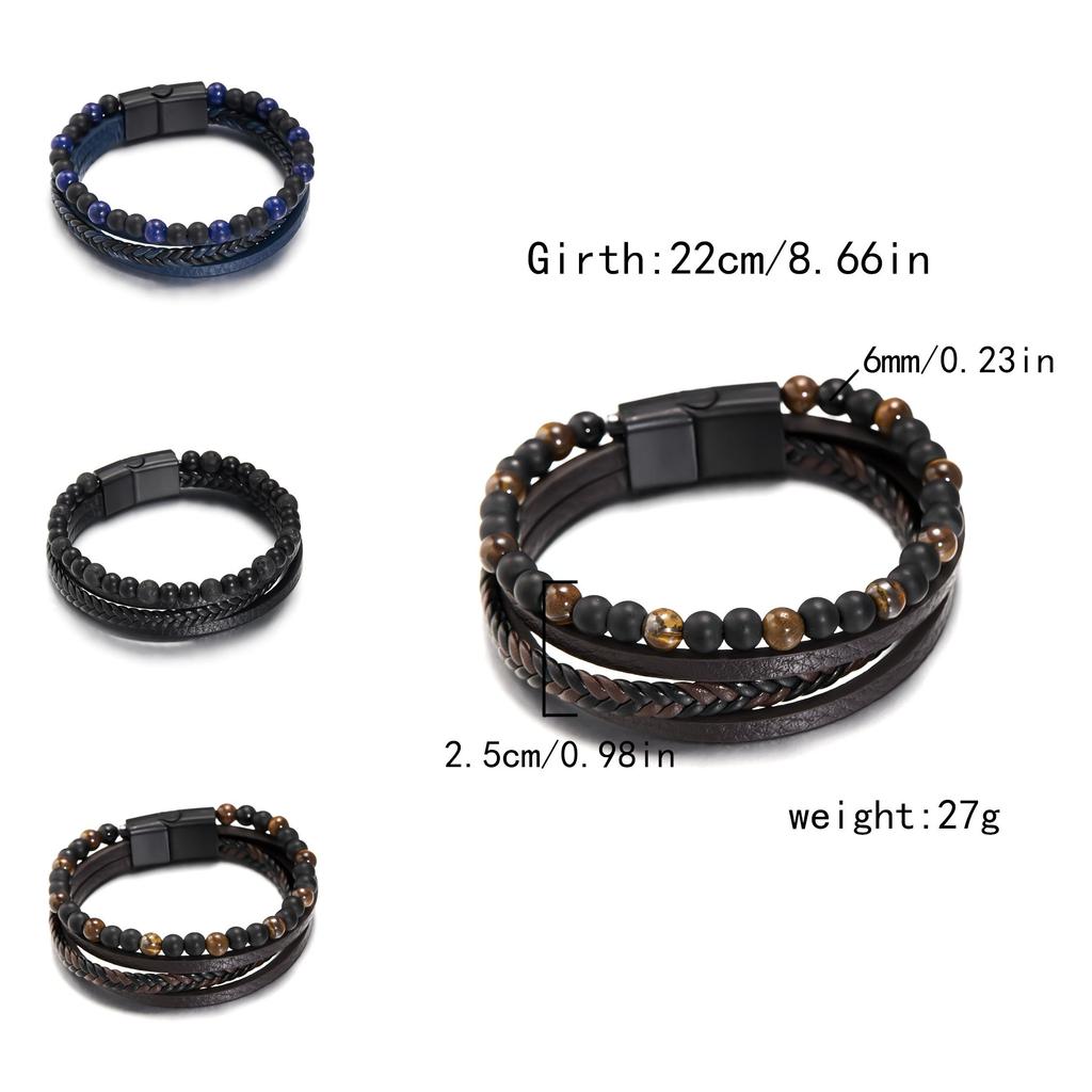 Geometric Style Mens Weaving Leather Wristband With Bead Design For Fashion And Travel