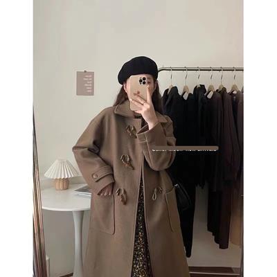 Manteau en laine à boutons corne pour femmes, automne et hiver, manteau en laine petite coupe style Hepburn