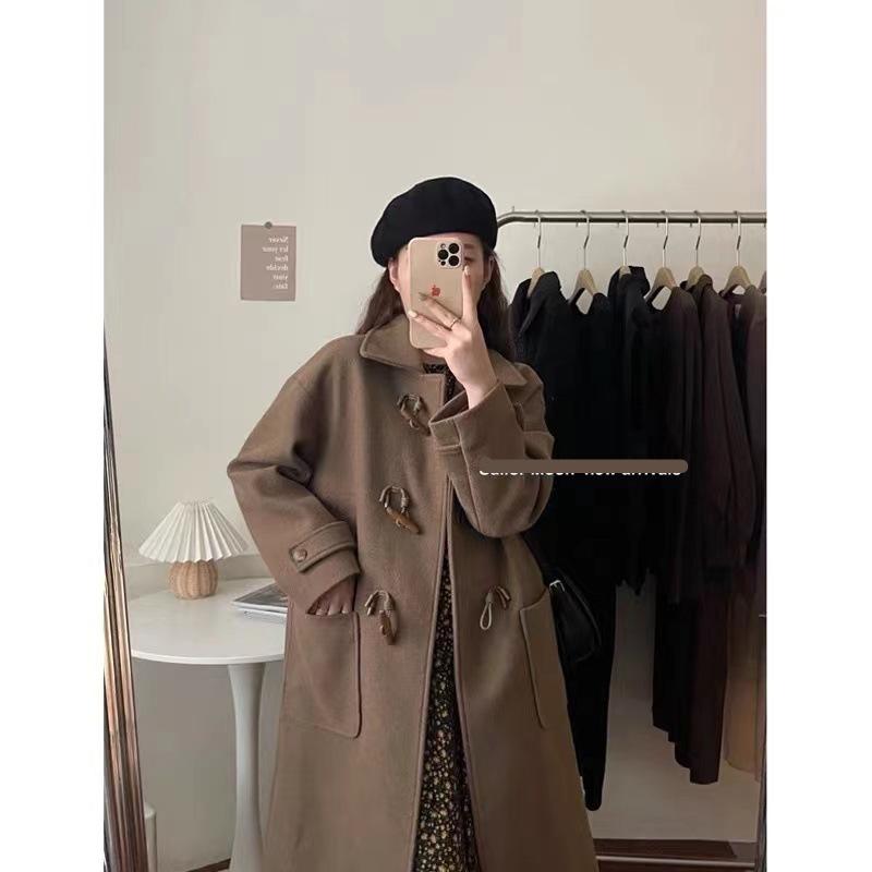 Horn Button Woolen Coat Women's Autumn and Winter Woolen Coat Petite Hepburn Style