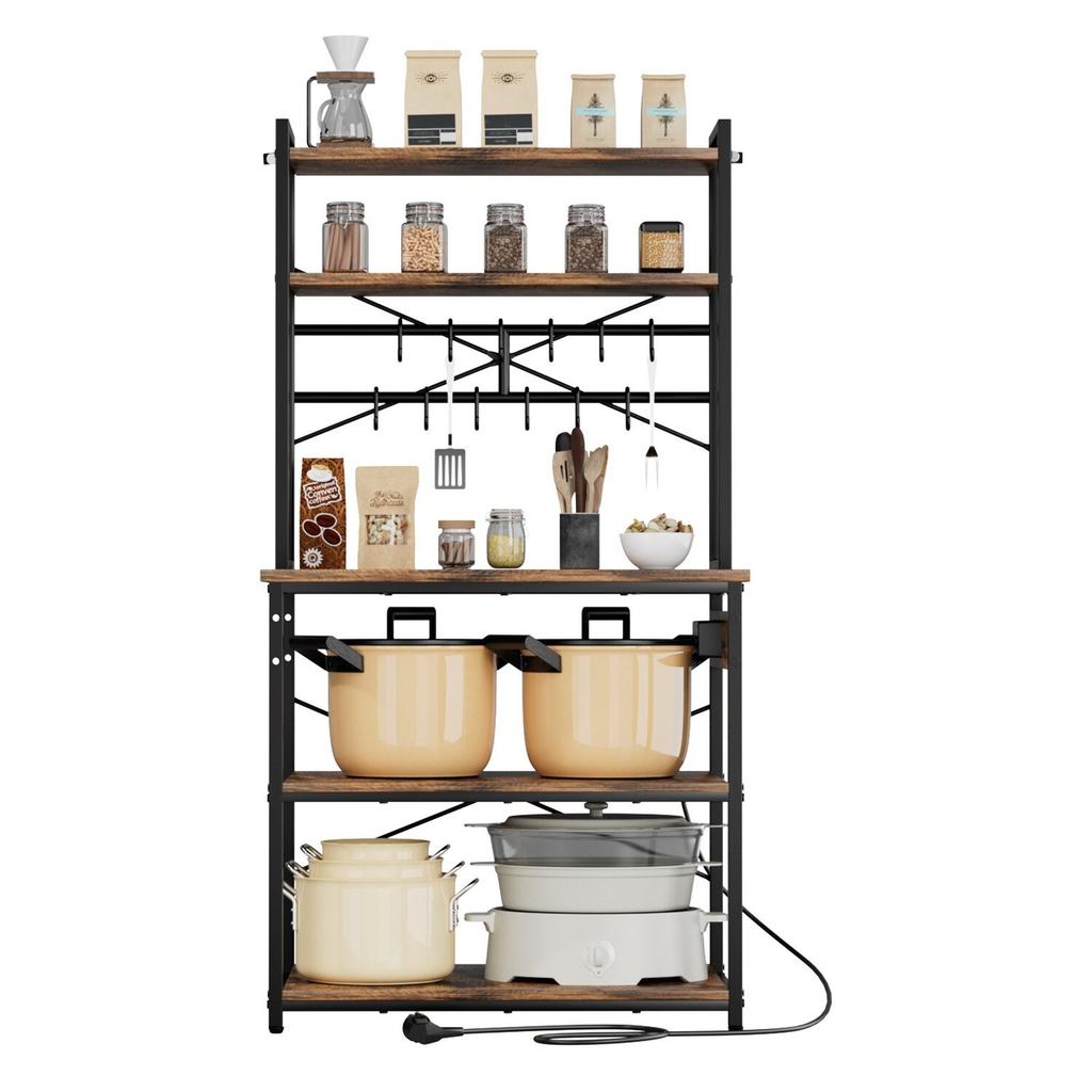 Kitchen Bakers Rack, 1.5m Power Cable Bakers Rack with Power Outlet, Kitchen Stand with X-Shaped Support Bar, 12 S-Shaped Hooks, Coffee Bar Stand for