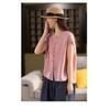 Women Dark Green Linen Blend Blouse With Ruffled Neckline And Red Button Front Casual Summer Top