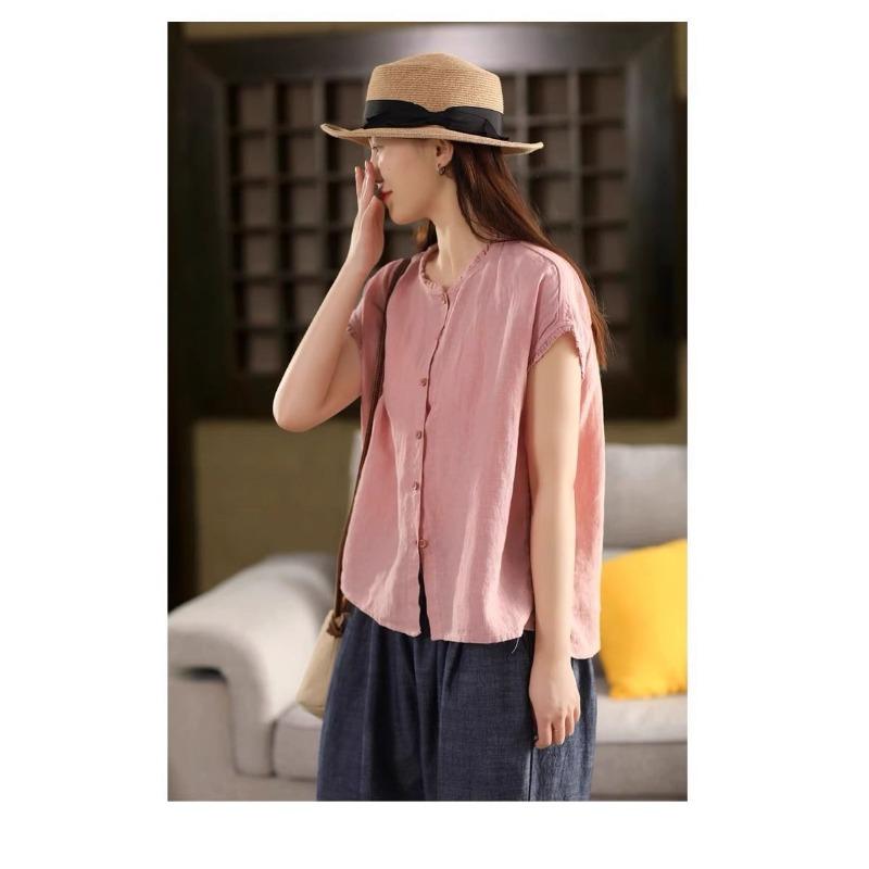 Women Dark Green Linen Blend Blouse With Ruffled Neckline And Red Button Front Casual Summer Top