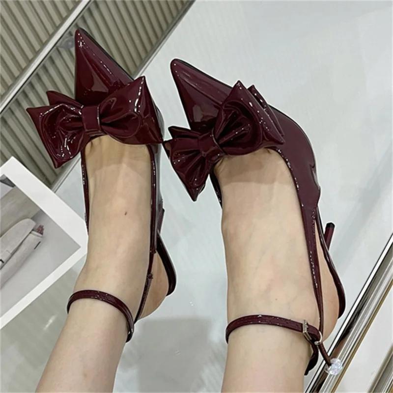 Spring Sexy Butterfly-knot Slingbacks Ankle Buckle Strap Woman Pumps Sandals Pointed Toe Thin Heels Party Prom Shoes