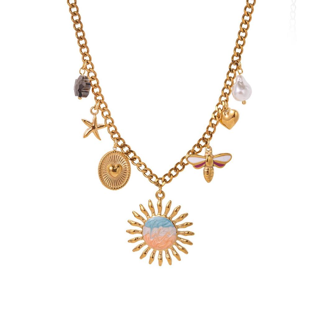 Bohemian 18K Gold-Plated Stainless Steel Sun Bee Pearl Pendant Necklace for Women