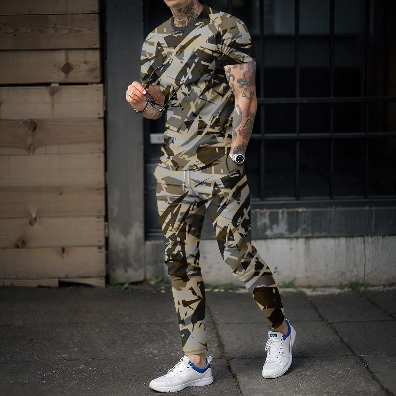 Neuer Sommer Herren lange Hose Sportbekleidung 2-teiliges Set 3D Retro Militärstil Outdoor Kurzarm T-Shirt+lange Hose Streetwear