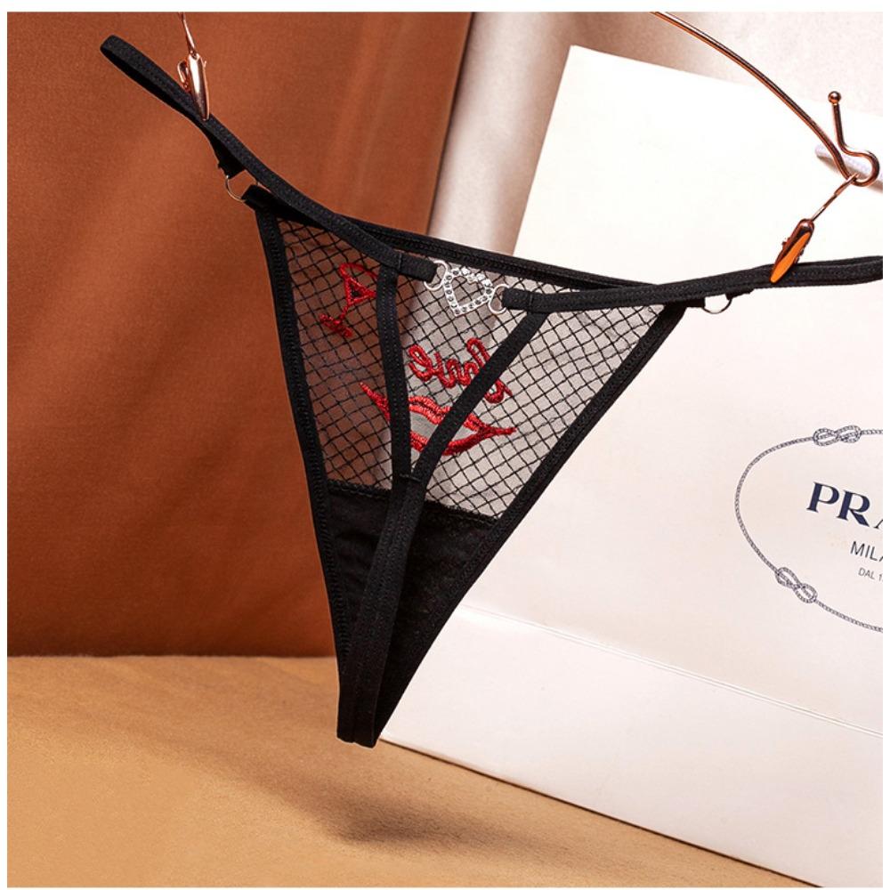 Sexy Plaid Perspective Thong Women's Hot Hollowed-out Embroidered Love Diamond Jewelry Beautiful Buttocks Low Waist Thin Belt Seduction Panties