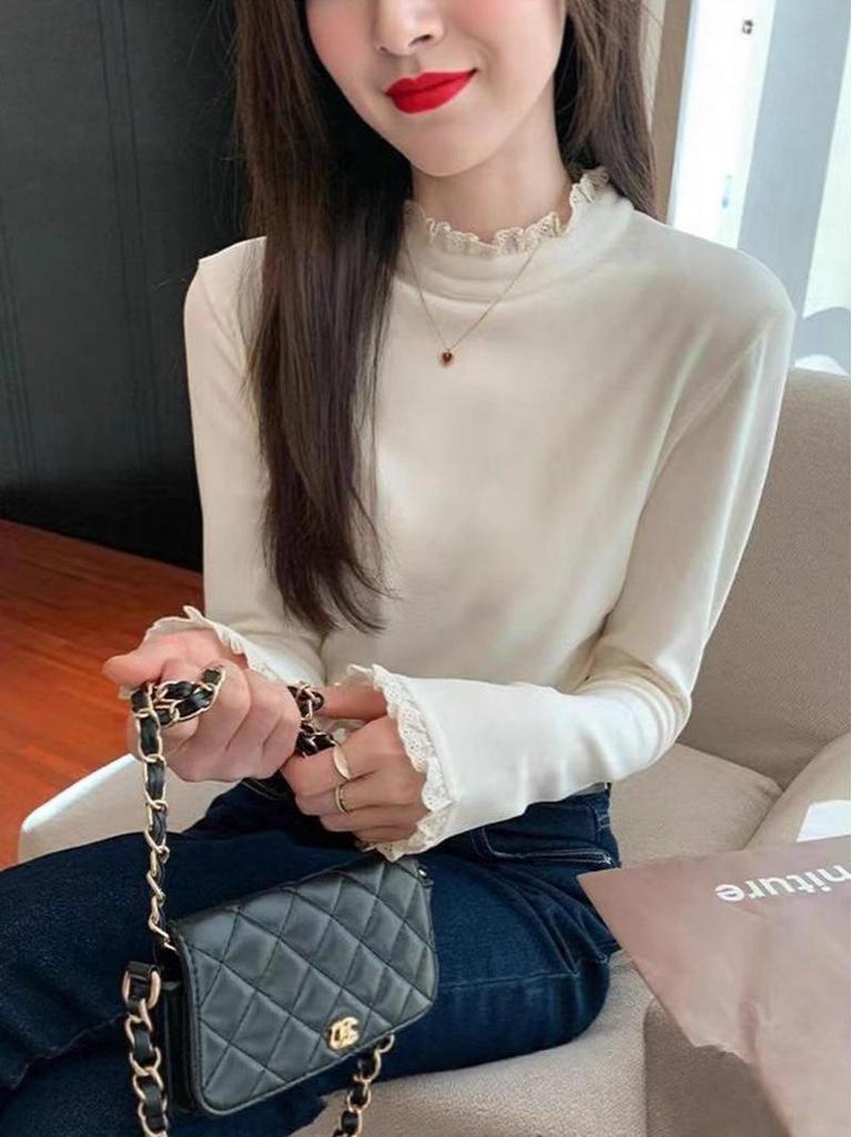 Korean Style Semi-High Neck Lace Patchwork Shirt - Women's Long Sleeve Autumn/Winter Top