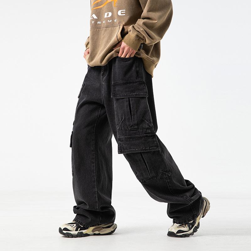 Japanese Style Men's Multi-Pocket Denim Pants Spring Autumn Washed Trousers Loose Casaul Long Pants