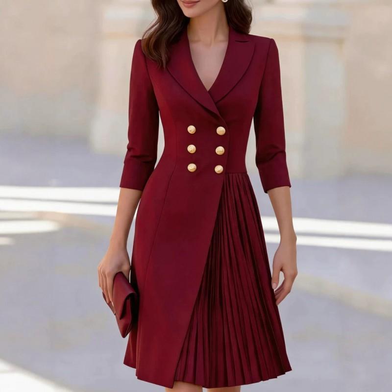2026 Vestito Blazer Doppiopetto da Donna Manica 3/4 Vita Stretta Pieghe Asimmetriche Midi Chic da Ufficio