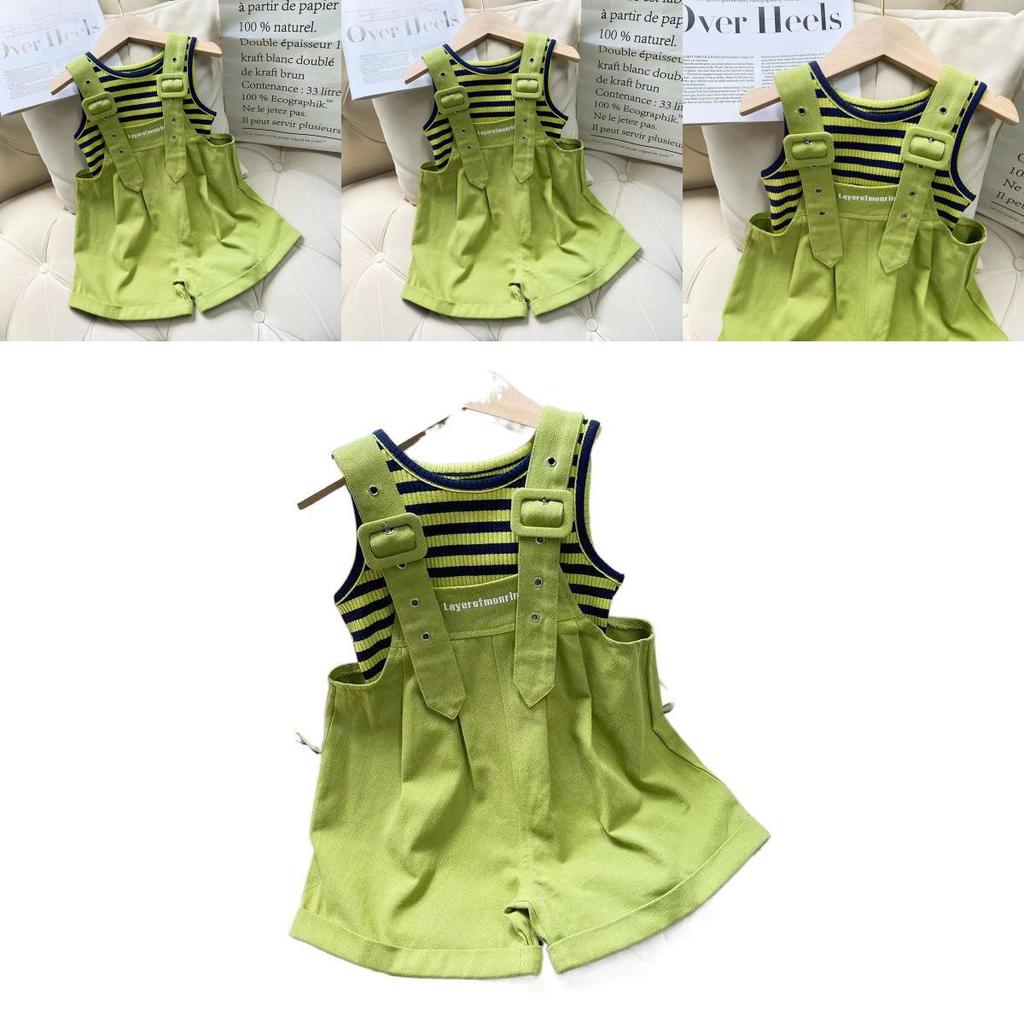 Stylish Summer Girls Two Piece Outfit Set With Trendy Sleeveless Top And Striped Adjustable Suspenders