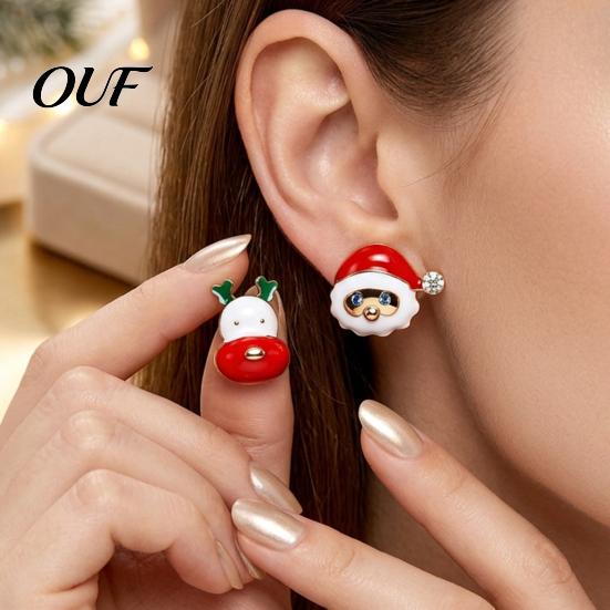 Christmas Gift for Her 1 Pair Stud Earrings Women, Cute Enamel Santa Festive Rhinestone Claus And Reindeer Earrings, Holiday Jewelry Gifts Xmas Party