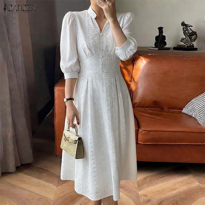 ZANZEA Women Casual V-Neck 3/4 Sleeve Loose Long Dress