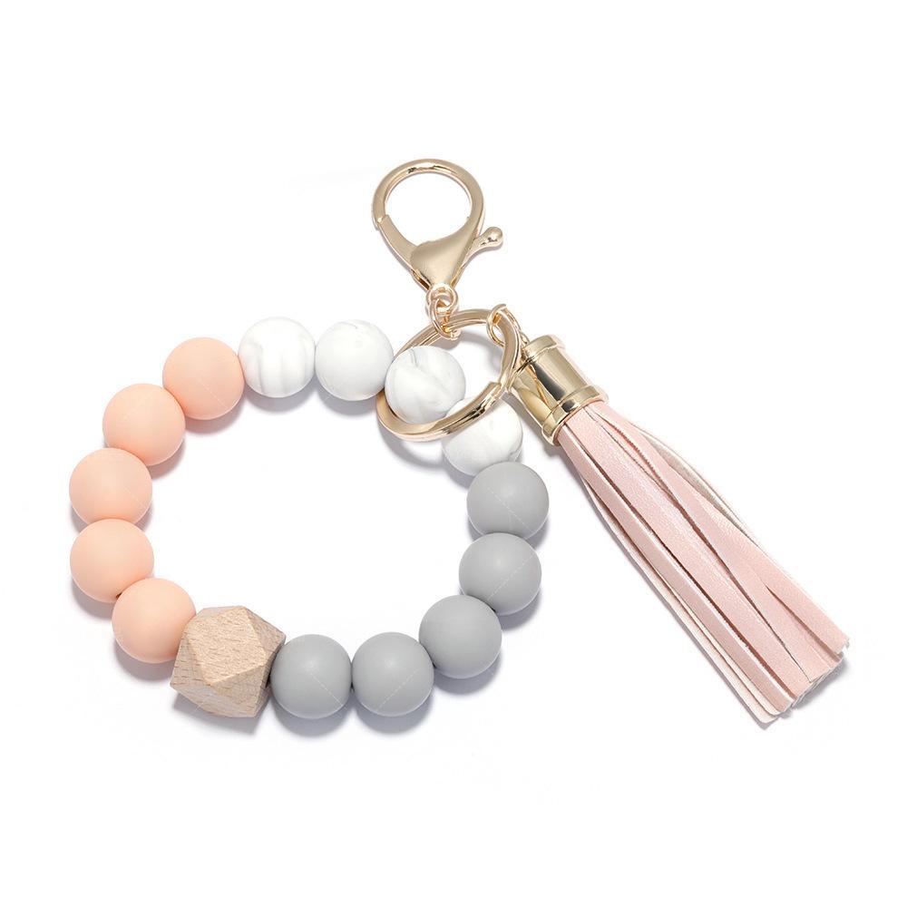 Elegant Silicone Bead Keychain Bracelet with Leather Tassel - Women's European and American Style