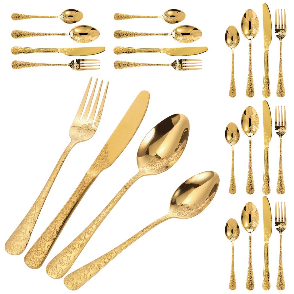 24Pcs Retro Rose Carved Silverware Set Stainless Steel Fork Spoon and Knife Mirror Polished Flatware Set Home Festival Party Use