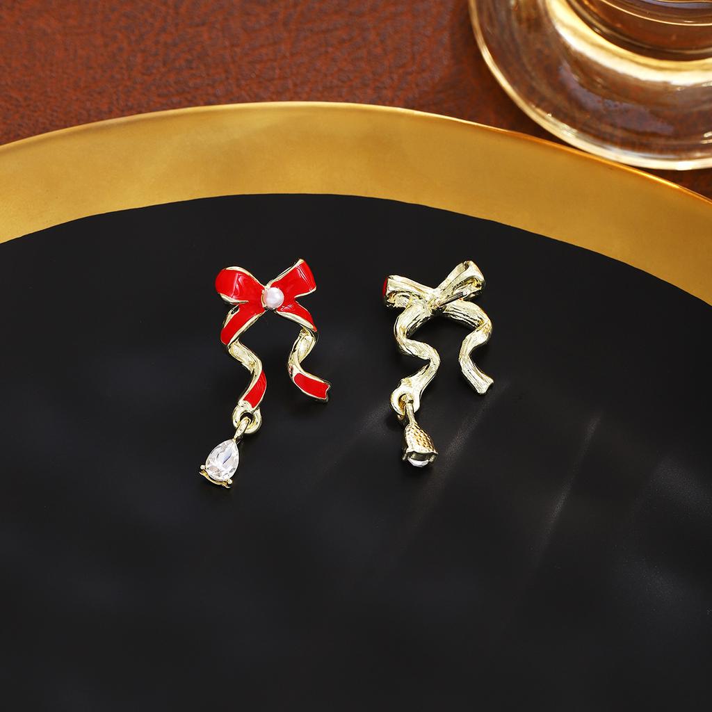 Red Ribbon Bow Diamond Stud Earrings, Sweet Niche Design In Autumn And Winter, Simple Woman