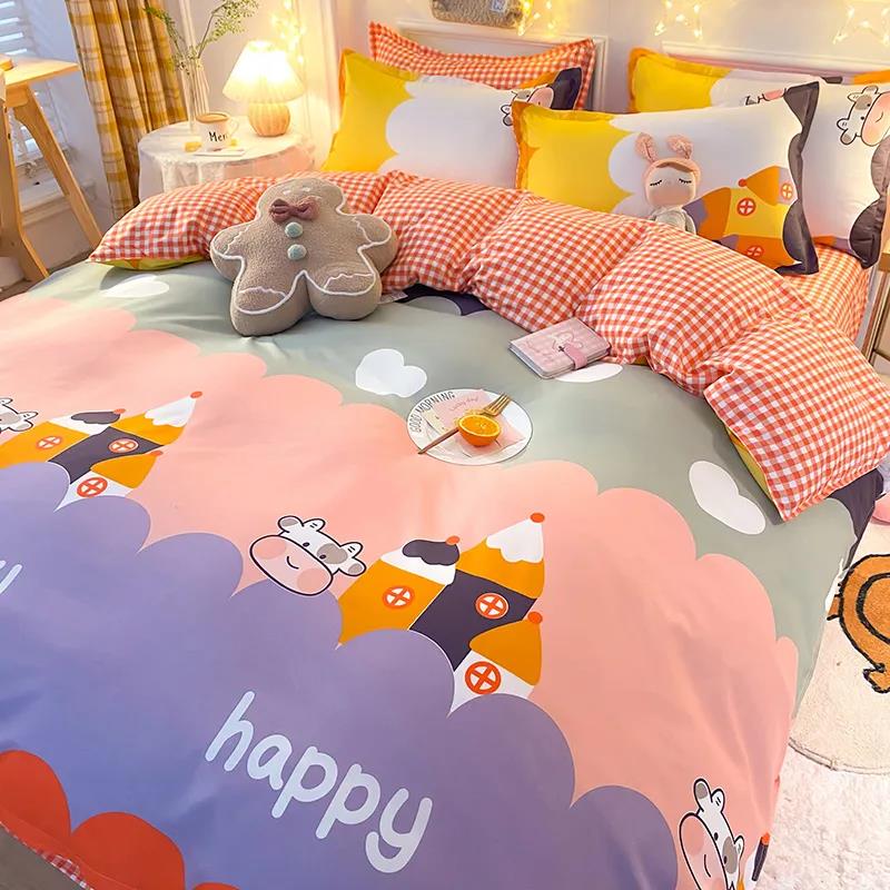Four-piece Bedding Cotton Quilt Cover Single and Double Cartoon Printing Mattress Cover Bedroom Bed Linen Quilt Cover